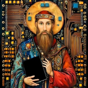 Puede incluir: Arte digital que representa una figura santa con una larga barba, sosteniendo una tableta negra. La figura está rodeada por un diseño de placa de circuito, con un halo dorado y vistiendo una túnica roja y azul. El fondo es una red oscura e intrincada de líneas color cobre y componentes electrónicos.