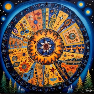 Puede incluir: Una vibrante pintura circular con temática celestial. La obra presenta un diseño central de estrella en naranja y azul, rodeado de paneles segmentados llenos de varios símbolos y patrones. El fondo es azul oscuro, con árboles estilizados y cuerpos celestes.