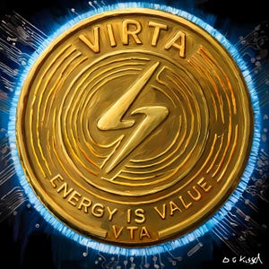 May include: A gold coin with the word "VIRTA" at the top and "ENERGY IS VALUE" around the edge. A lightning bolt is in the center. The coin is surrounded by a blue glow and circuit board design.