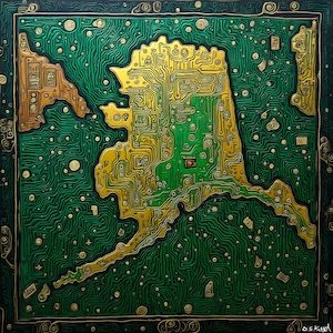May include: A square artwork showing the state of Alaska as a circuit board. The map is rendered in gold and green, with intricate lines and details. The background is a dark green, creating a fusion of technology and geography.
