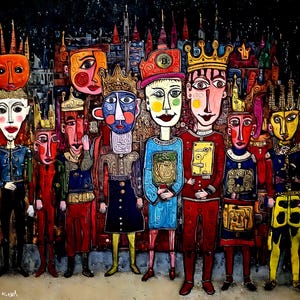 Puede incluir: Pintura abstracta que presenta un grupo de figuras estilizadas con rasgos exagerados y coronas. Las figuras visten diversos atuendos, con un símbolo de Bitcoin en un sombrero. El fondo representa un paisaje urbano con un cielo oscuro y estrellado.