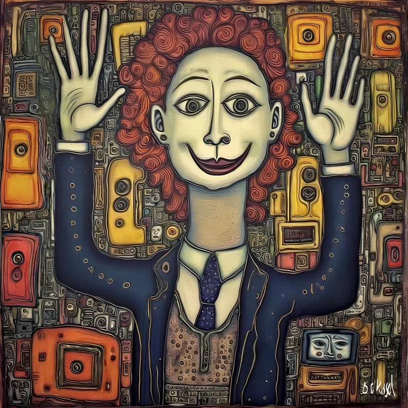 Op de afbeelding: Een abstract schilderij van een persoon met rood krullend haar, gekleed in een blauw pak en stropdas, met de armen omhoog. De achtergrond is een collage van gele, oranje en bruine vormen, in een retro artistieke stijl.