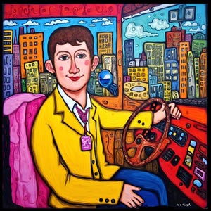 May include: Colorful painting of a person in a yellow jacket driving a vehicle with a cityscape in the background. The person is holding a steering wheel. The vehicle's interior is red. The painting has a whimsical, cartoonish style.