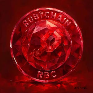 Op de afbeelding: Een levendige rode illustratie van een munt met de tekst "RUBYCHAIN" en "RBC" in reliëf. De munt heeft een facetontwerp, waardoor een spel van licht en schaduw ontstaat, tegen een dieprode achtergrond.