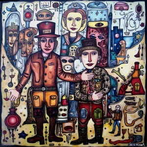 May include: A vibrant, surrealist painting depicting two figures in hats and jackets, set against a backdrop of abstract shapes and faces. The artwork has a folk art style with a warm colour palette, including browns, reds, and yellows. The figures are the focal point, with detailed clothing.
