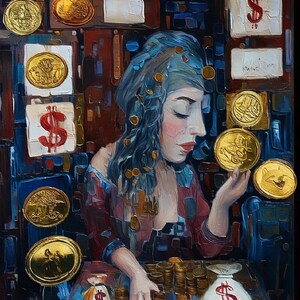 May include: An oil painting showing a woman with blue hair decorated with gold coins, surrounded by gold coins and dollar signs. She is holding a gold coin, with stacks of coins and money bags on the table. The artwork has a rich colour palette of blues, reds, and golds.