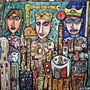 May include: An abstract painting featuring three figures with crowns, rendered in a folk art style. The figures are adorned in patterned clothing, set against a backdrop of geometric shapes and a teal and blue background. The artwork has a textured appearance.