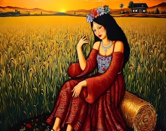 Puede incluir: Pintura de una mujer con un vestido rojo y una corona de flores sentada en un campo de trigo al atardecer. La mujer lleva un collar y sandalias. Una paca de heno está debajo de ella. El cielo es naranja y amarillo.