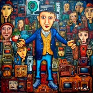 Könnte beinhalten: Ein farbenfrohes, skurriles Gemälde mit einer zentralen Figur in blauem Jackett und gelber Weste, die Arme ausgestreckt. Der Hintergrund ist eine Collage aus Gesichtern und Retro-Technologie, mit Signatur unten rechts.