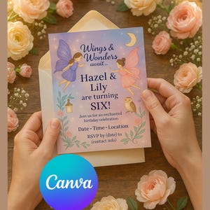 Convite de aniversário de fadas gêmeas editável • Tema Asas e Maravilhas • Festa de 6 anos para impressão • Download instantâneo para comemoração de meninas