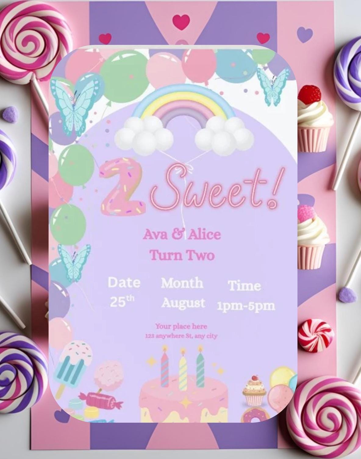 Two Sweet Twin Birthday Invitation: Editable Canva Template (Digital Download)