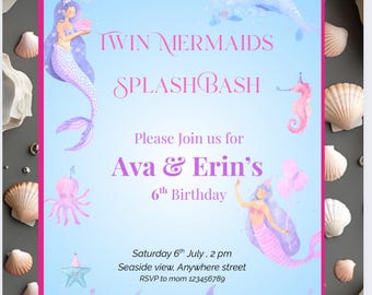 Twin Mermaids Birthday Invitation: Under the Sea Party, Editable Canva Template (Digital Download)