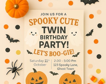 Cute Spooks Twin Birthday Invitation|Gender Neutral Party Invite with Pumpkins Spooky Cute Twin Invite | Canva template | Instant download