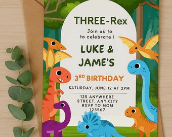 Dinosaur Twin 3rd Birthday Invitation: Editable Canva Template