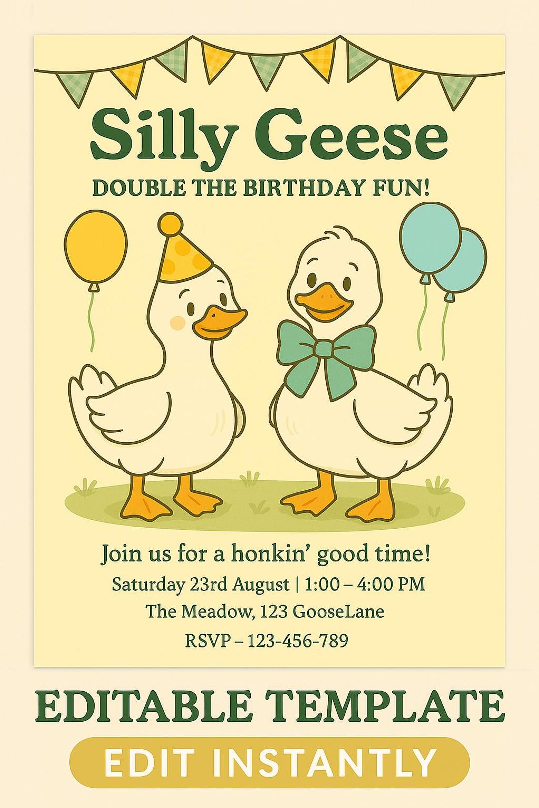 Silly Geese Twin Birthday Invitation: Greg & George (canva Template ...