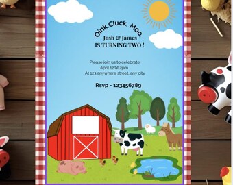 Farm Animals Twin Birthday Invitation: Oink Cluck Moo, Editable Canva Template (Digital Download)