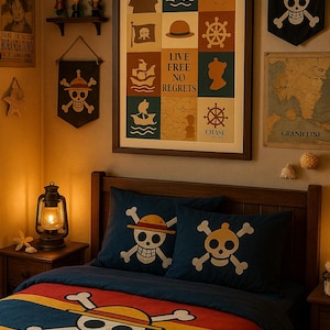 Affiche Pirate à Imprimer – Déco Aventure & Mer | Set Sail, Live Free, No Regrets – Poster Numérique One Piece Style