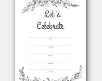 Let's Celebrate Hand Drawn Floral Fill In Printable Invitation