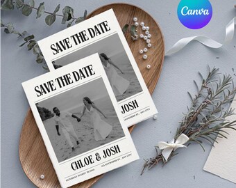 Newspaper Wedding Invitation Vintage Template Black White Editable Canva Invite Printable Digital Download Unique Minimalist Customizable