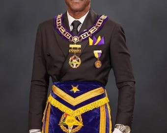 Custom GWP OES Regalia Set – Purple  Gold Chain Collar, GWP Jewel, 2 Custom Name Plates & Hand Embroidered Apron
