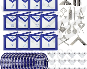 Masonic Blue Lodge Officer Regalia Set: 12 Aprons, Collars, Jewels & Gloves
