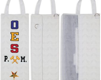 Past Matron P.M OES Sash Storage Bag | White Faux Leather Machine Embroidered Regalia Case