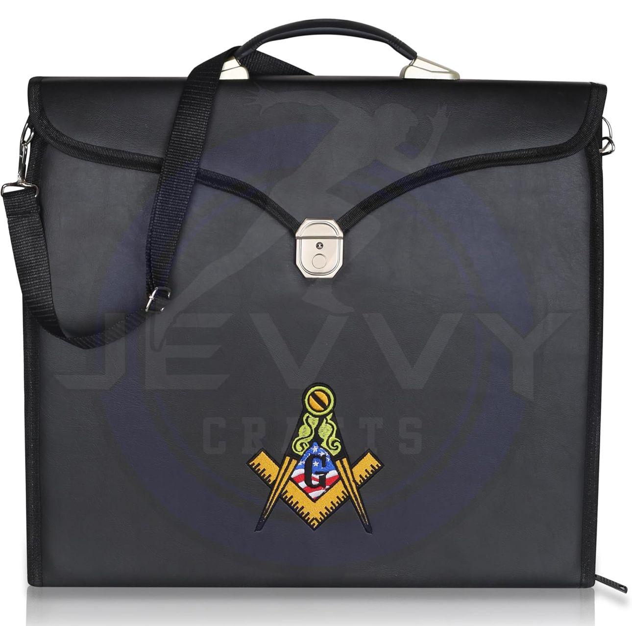 thumbnail image 2 of Hand Embroidered Masonic Past Master Apron Carrying Case With Handle - Black, Made In USA 2 of 5