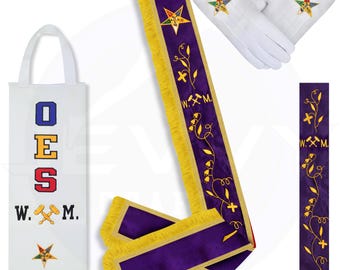 Masonic Worthy Matron Sash: OES Purple Velvet WM Sash with Case & Gloves