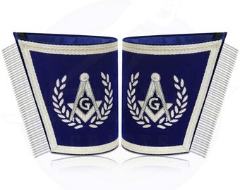 Masonic Blue Velvet Cuffs: Silver Embroidered Square & Compass Freemason Regalia