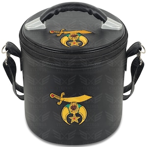 May include: Black cylindrical bag with a top handle and a detachable shoulder strap. The bag features a gold and red emblem with a sword and star design on the front and top. The word "VIKINGS" is printed on the bag.