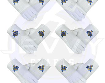 Masonic Cotton Gloves - Blue Lodge Regalia - Square & Compass - 6 Pairs