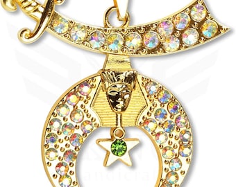 Shriner Masonic Regalia Jewel – Past Potentate Gold-Plated Collar Emblem with Rhinestones | Freemason Pendant Badge