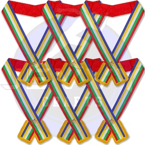 May include: Six ceremonial sashes with a red velvet collar and a V-shaped design. Each sash features vertical stripes in blue, green, yellow, and white, with a gold fringe at the bottom and a small emblem. The sashes are arranged in a symmetrical pattern.