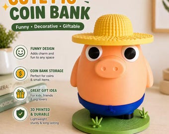 3D Printed Pig with straw hat, Coin Bank, Piggy Bank, Funny Desk Decor, Decorative Money Saving Box