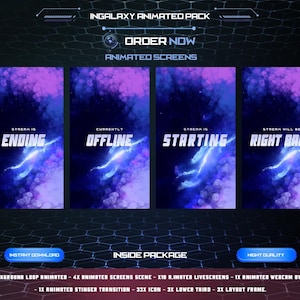 May include: A digital graphic pack with animated screens for streaming. The pack includes screens labeled "Ending", "Offline", "Starting", and "Right Back". The background is a nebula design with purple and blue hues. The pack also includes a background loop, animated scenes, and more.