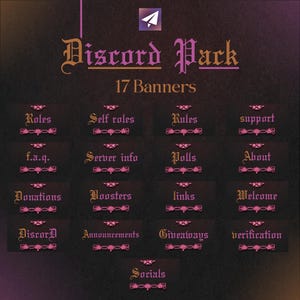 Pu&ograve; includere: Uno sfondo scuro con il testo "Discord Pack" e "17 Banners" in un carattere ornato. Sotto ci sono 17 banner con varie parole relative a Discord come "Roles", "Server info" e "Giveaways". Un'icona di aeroplano di carta viola si trova nell'angolo in alto.
