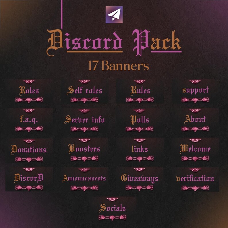 Pu&ograve; includere: Uno sfondo scuro con il testo "Discord Pack" e "17 Banners" in un carattere ornato. Sotto ci sono 17 banner con varie parole relative a Discord come "Roles", "Server info" e "Giveaways". Un'icona di aeroplano di carta viola si trova nell'angolo in alto.