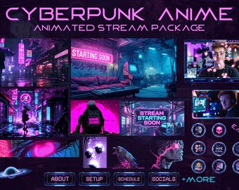 Pacchetto streaming anime cyberpunk neon / Pannelli di avviso animati in stile grunge cyberpunk