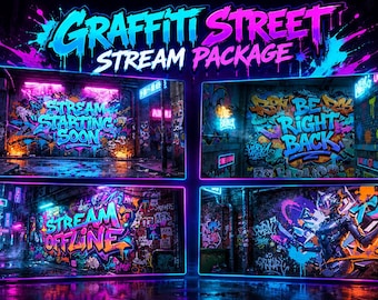 May include: A digital stream package titled Graffiti Street Stream Package featuring four rectangular panels with neon-colored graffiti art. The panels display the text Stream Starting Soon, Be Right Back, Stream Offline, and a character illustration.