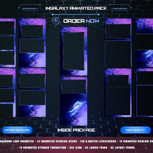 May include: A digital graphic pack with a space theme, featuring a dark background with purple and blue nebula designs. The pack includes animated screens, live screens, webcam overlays, and transitions. Text includes "INGALAXY ANIMATED PACK" and "ORDER NOW".