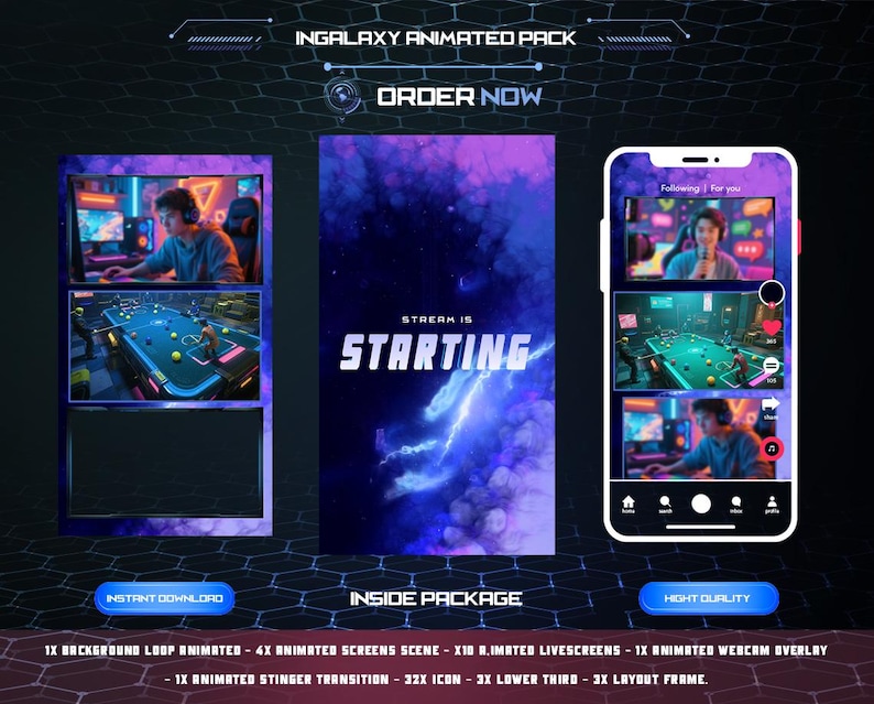 May include: A digital product advertisement for a streaming overlay pack. The design features a dark blue and purple galaxy theme with the text "STREAM IS STARTING." The pack includes animated screens, webcam overlays, and more. A smartphone displays a live stream.