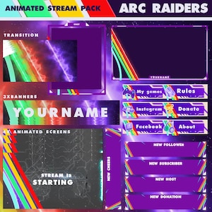 May include: A digital animated stream pack with a purple and space theme. The pack includes animated screens, banners, and overlays with text like "Your Name", "Stream is Starting", and social media icons. The color scheme includes purple, red, yellow, and green.
