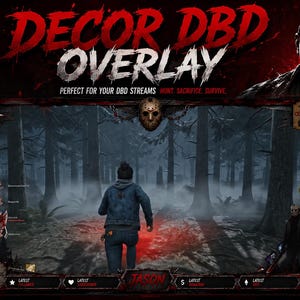 Könnte beinhalten: Ein digitales Streaming-Overlay für Dead by Daylight mit einem dunklen, horror-thematisierten Rahmen und einem Eishockeymasken-Symbol oben in der Mitte. Das Design enthält Textelemente wie DECOR DBD OVERLAY, FULL HD 1920x1080 und verschiedene Statusleisten.