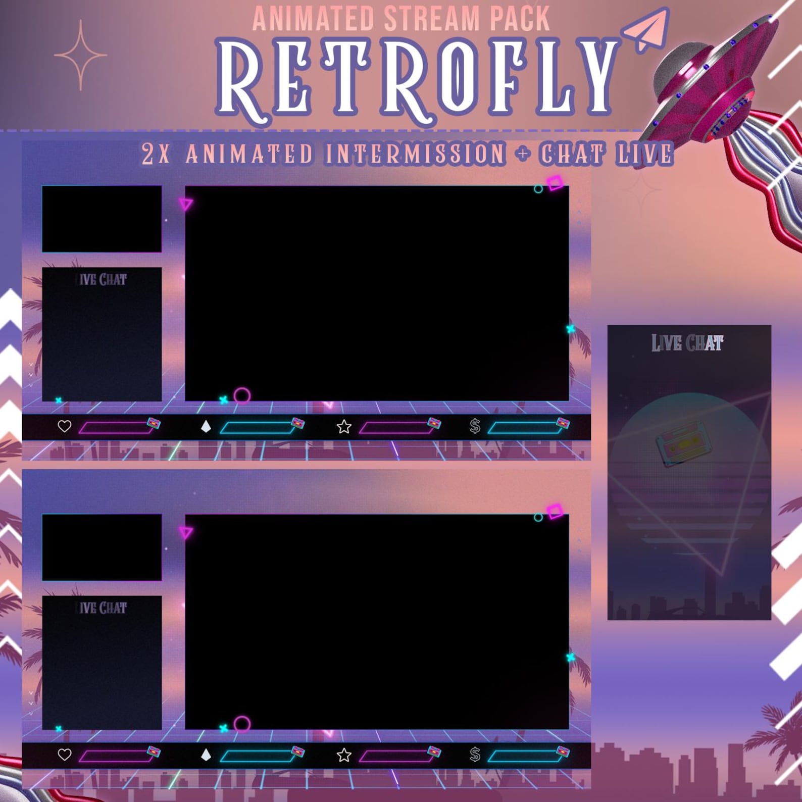 Animated Retrofly Synthwave Twitch Overlay – Complete Neon Stream ...