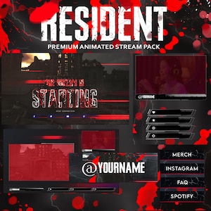 Puede incluir: Diseño gráfico digital para un paquete de transmisión animada premium. El diseño presenta la palabra "RESIDENT" en blanco, con acentos rojos y un fondo oscuro. Incluye superposiciones de transmisión, botones de redes sociales y una pantalla "The Stream Is Starting".