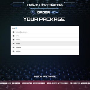 May include: A digital graphic with the text "INGALAXY ANIMATED PACK" and "ORDER NOW". The image displays a list of digital assets, including animated livescreens, icons, overlays, screens, transitions, and webcam elements. The bottom of the image lists the contents of the package.
