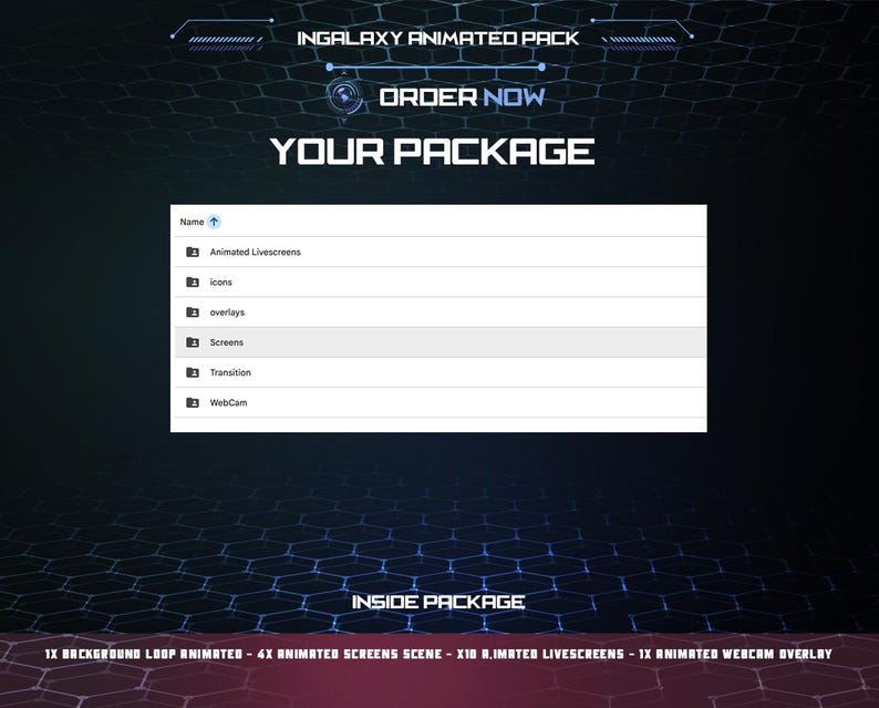 May include: A digital graphic with the text "INGALAXY ANIMATED PACK" and "ORDER NOW". The image displays a list of digital assets, including animated livescreens, icons, overlays, screens, transitions, and webcam elements. The bottom of the image lists the contents of the package.