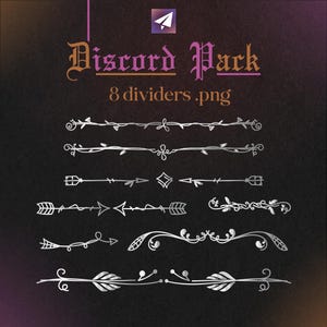 Pu&ograve; includere: Uno sfondo scuro con il testo "Discord Pack" e "8 dividers .png". Sotto il testo ci sono otto divisori decorativi argentati con vari disegni, tra cui frecce, viti ed elementi floreali.