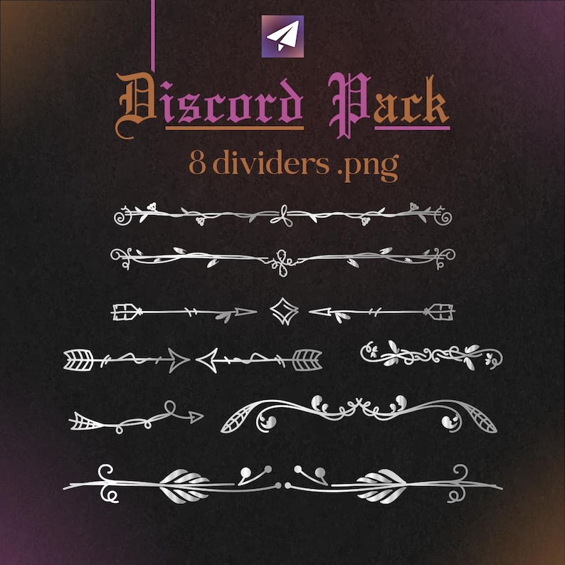 Pu&ograve; includere: Uno sfondo scuro con il testo "Discord Pack" e "8 dividers .png". Sotto il testo ci sono otto divisori decorativi argentati con vari disegni, tra cui frecce, viti ed elementi floreali.