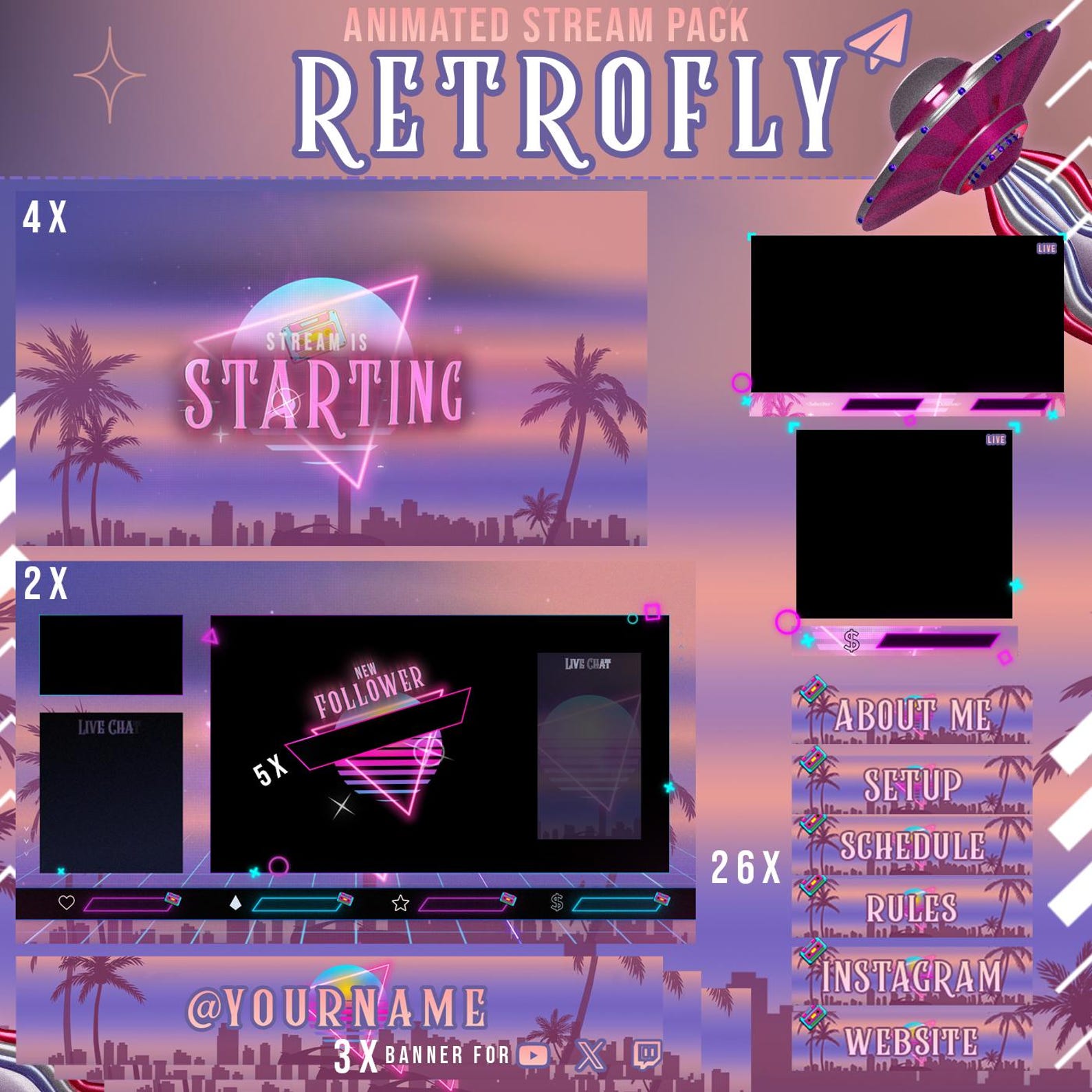Animated Retrofly Synthwave Twitch Overlay – Complete Neon Stream ...
